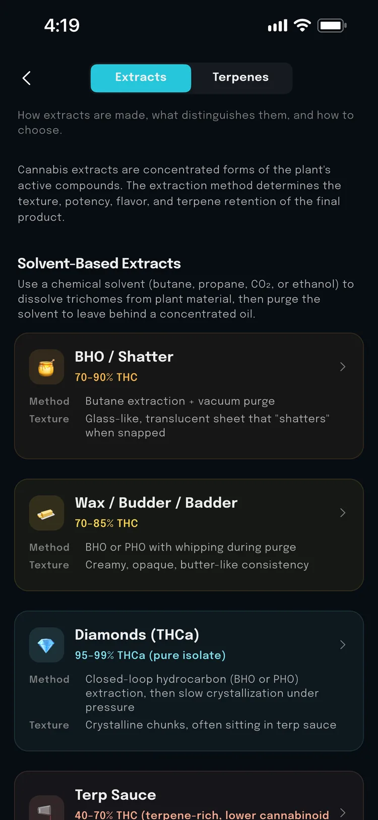 The education section on solvent-based extracts: shatter at 70 to 90 percent THC, wax and badder at 70 to 85, diamonds at 95 to 99 percent THCa, terp sauce at 40 to 70, each with its extraction method and texture.