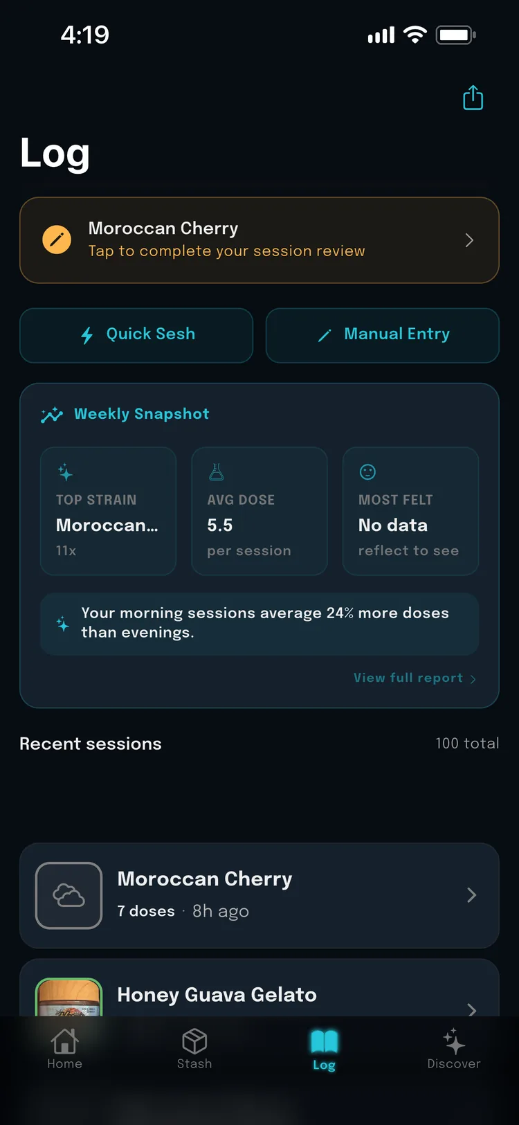 The log tab: a reflection waiting to be completed, a weekly snapshot naming the top strain and an average of 5.5 doses a session, a most-felt tile that says there is no data yet rather than inventing one, and the note that morning sessions average 24 percent more doses than evenings.